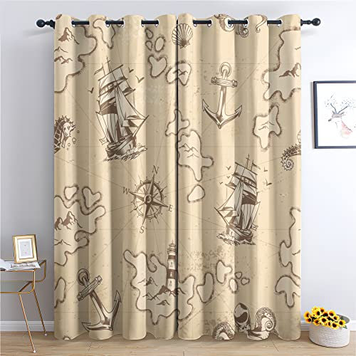 THYUNQ Vorhänge Maritime Motiv, Vorhang Blickdicht Verdunklungsvorhänge Thermovorhang mit Ösen, Gardinen Wohnzimmer Schlafzimmer Fenster, 2er Set Curtains, H 166 x B 75 cm