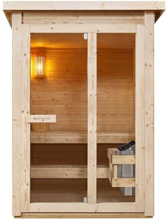 Artsauna Outdoor Sauna Varberg 145 x 150 cm mit 4,5 kW Ofen & Zubehör - Fichtenholz Gartensauna für 2 Personen - komplett Set Outdoorsauna für Garten
