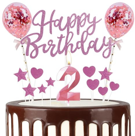 mciskin Pink 2nd Birthday Decorations for Girl,3D Number 2 Candle for Cake,Pink Cake Toppers for Girl,Glitter Happy 2nd Birthday Cake Toppers Balloons for Party Decorations Supplies