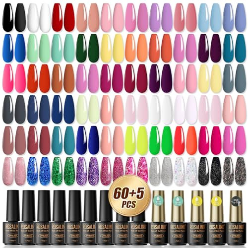 ROSALIND 65Pz Smalto Semipermanente per Unghie, 60 Colori Mini Nero Bianco Rosso Nudo Rosa Viola Glitter Smalto Semipermanente Unghie,Soak-Off UV per Novice Nail Art DIY