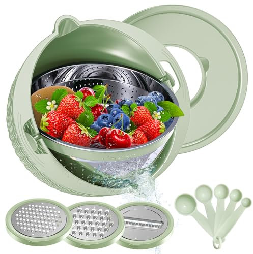 Lot de 4 Passoires Avec Couvercle - Passoire Alimentaire Avec Râpes et Cuillères - Bol de Lavage de Fruits Avec Passoire à Pâtes et Riz