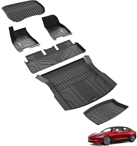 3W Tesla Model 3 Highland 2024-2025 6-teilig Fußmatten und Kofferraumwanne, TPE Allwetter Maßgeschneiderte Fussmatte 1-2 Reihen und Kofferraummatten Komplettset Tesla Model 3 Highland Autofußmatten