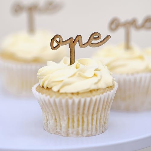 Ginger Ray 'One' Wooden Cupcake Toppers Baby's 1st Birthday Cake Decorations 6 Pack