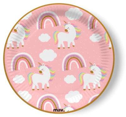 maverick piatti per feste con unicorni e arcobaleni rosa. piatti grandi per feste e compleanni dei bambini con disegnati unicorni e personaggi fatati. 8 pezzi, diametro 22,7cm. made in europe