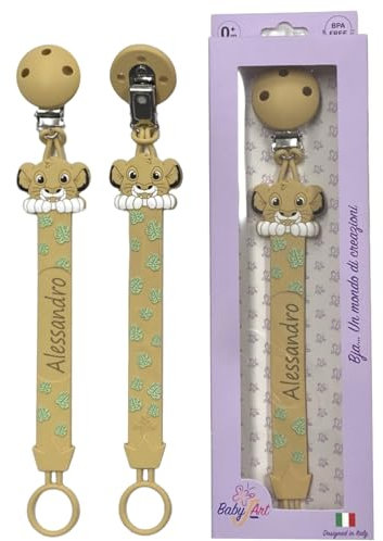 Fettuccia, Catenella portaciuccio personalizzata con nome, in silicone,FIGURE,BABYJART,catenella sicura per il bambino,compatibile con ciuccio MAM e CHICCO AZIENDA ITALIANA,MADE IN ITALY! (LEONE)