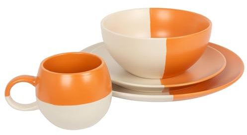 Nicola Spring 16pc Stoneware Dinner Set - Burnt Orange - 4-Person Dining Set Kitchen Ceramic Two Tone Dinnerware Crockery Plates, Coffee Tea Mugs and Bowls Set for Starters, Sides, Mains, Dessert