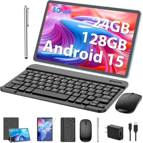 Tablette Android 14 de 11 avec clavier, 12 Go + 128 Go, 1 To d'extension, 8000 mAh, 5 MP + 13 MP, Wi-Fi 2,4 G et 5G, écran tactile IPS, certifié GMS, tablettes 2 en 1 avec étui, souris, stylet
