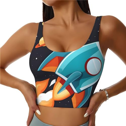 YYHHAOFA Damen Sport-BH mit niedrigem Kragen, elastisch, Sportweste, Yoga, Tank-Top, Shirts, Rocket-Clipart Raumschiff-Drucke, Schwarz , XL