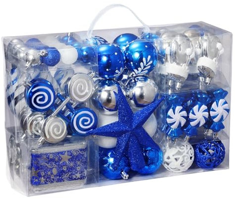 AMLOOPH 131pcs Christmas Tree Decorations Set, Blue Silver And White Christmas Baubles Ornaments, Shatterproof Baubles Christmas Decorations Balls With Ribbon,Tree Topper For Xmas Trees Decorations