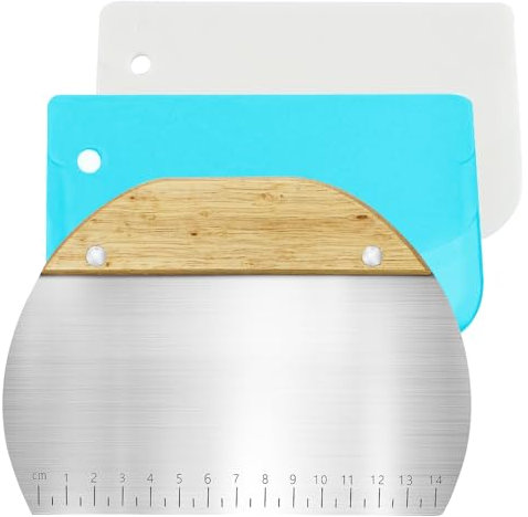 luckaide 3 Stück Teigkarte Set, Teigkarte Edelstahl Holz, Kunststoff Teigschaberkarte Tortenkarte, Flexibel Bench Scraper, Schlesinger Teigschaber, Teigschneider für Pizza, Backwerkzeug, Küchenbedarf