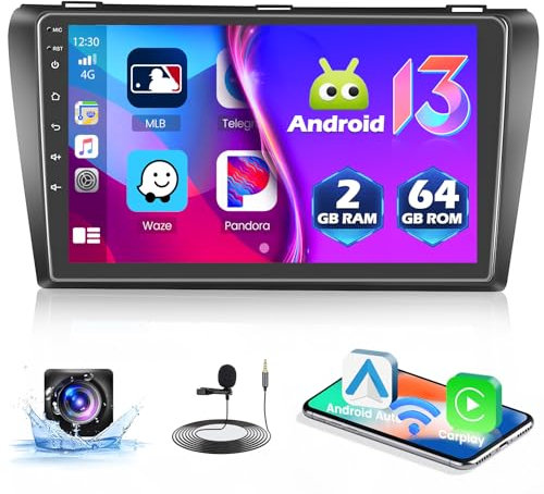 Hikity 2+64G Android Autoradio für Mazda 3 2006-2012 Wireless Carplay Android Auto, 9 Zoll Autoradio mit Bildschirm Navi Bluetooth EQ FM/RDS USB Rückfahrkam