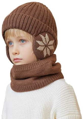 YAMEE Bonnet Chaud écharpe Ensemble pour Enfants avec Doublure Peluche Doux Cache-oreilles Chaud,2 Pièces Tricoté Beanie Cache-Cou Enfants Hiver Coupe-Vent,Chapeau pour Fille Garçon 4-10 Ans