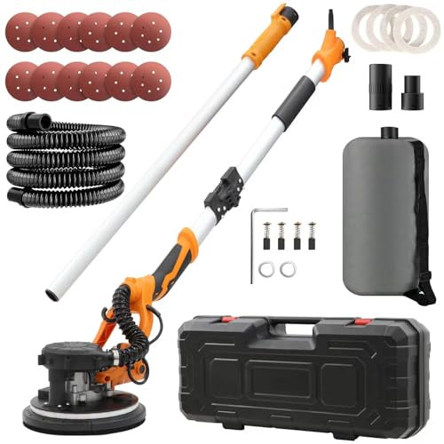 VELPAX Levigatrice per muro telescopica,1250W Levigatrice Muro con Aspiratore, 5 Velocità Variabili 800-1800 giri/minuto, Impugnatura Estensibile, Luce LED, Tubo per La Polvere Lungo