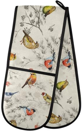 Double Oven Gloves Heat Resistant Winter Bullfinches Bird Double Oven Mitts Pot Holder Heat Protection Oven Gloves for Home Kitchen Baking Cooking BBQ Microwave