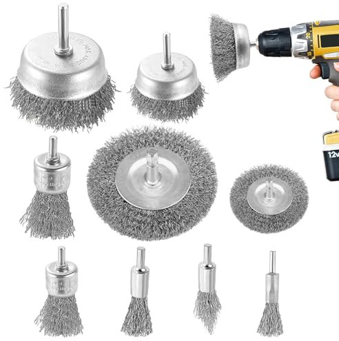 Onezebra 9 Pcs Wire Brush for Drill Set, Drill Brush Kit, Wire Brush Drill Attachment, Wire Brush with 1/4-Inch Shank Brush for Rust Removal, Paint Stripping, and Cleaning (Silver)