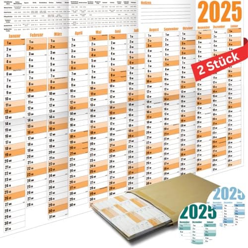 2x Wandkalender 2025 - DIN A1 Wandplaner - Großer XXL Jahreskalender gefaltet - mit Feiertage und Schulferienübersicht - optimaler Jahresplaner und Urlaubsplaner (Orange, 2)