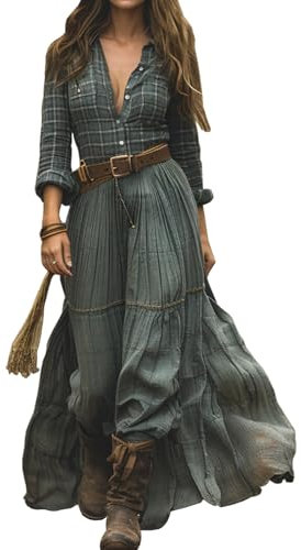 XUSAI Vert,XL,Robe Chemise À Carreaux Maxi pour Femme Années 70 Vintage À Manches Longues Col en V Robe Longue Country Western Robe d'automne Décontractée À Épissure