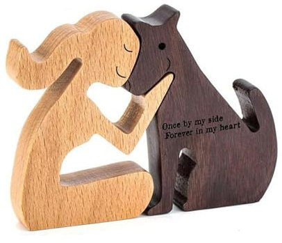 FDHBDF Hundeholzschnitzerei Mensch und Hund Skulptur Kreativer Tischschmuck Handgefertigte Holzstatuen aus Holz Tischdekoration im Bücherregal