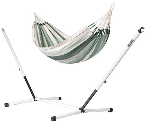 LA SIESTA® Modesta Hamac Simple en Coton Bio & Support en Acier - Hamac sur Pied, Support Hamac Exterieur Interieur - Hamac Portable avec Support, Toile de Hamac 2 Places pour Jardin Balcon - Olive