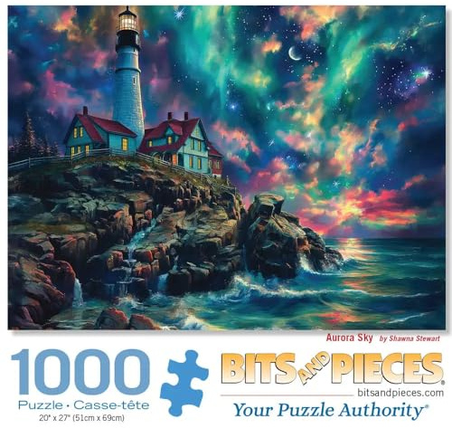 Bits and Pieces - Jigsaw Puzzle for Adults - Aurora Sky - Large Piece Northern Lights Lighthouse Jigsaw by Shawna Stewart (1000 Piece Puzzle)
