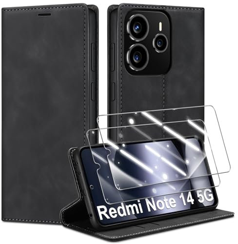 Guisessy Handyhülle für Xiaomi Redmi Note 14 5G Hülle Leder und 2 Schutzfolie, Premium Klappbar Flip Wallet Case mit Magnet Kartenfach Standfunktion Schutzhülle für Redmi Note 14 5G, Schwarz