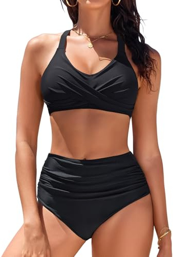 Heekpek Conjunto Bikini Mujer Push Up Cintura Alta Cuello en V Cruzado Delantero Bañadores Reductores Barriga Dos Piezas Natacion