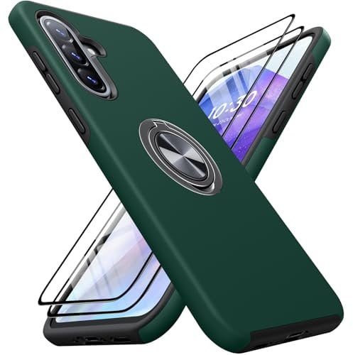 AOUIA für Samsung Galaxy A36 5G Hülle mit 2 Stück Panzerglas, 3-in-1 Set Schutzhülle, 360°Drehbarer Ring Kickstand, Anti-Fingerabdruck Militärstandard Stoßfest Handyhülle für Samsung A36, Dunkelgrün