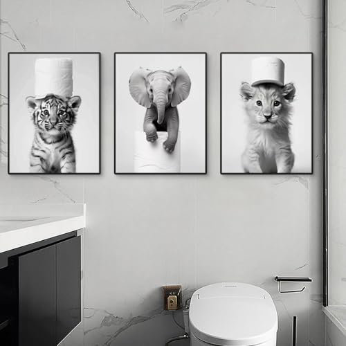 Uixxducc 3er Schwarz-Weiß Poster Set, Badezimmer Bilder Tiere Toilette Deko Modern Wandbilder Leinwandbilder Wanddeko Bilder für Badezimmer (21x30cm)