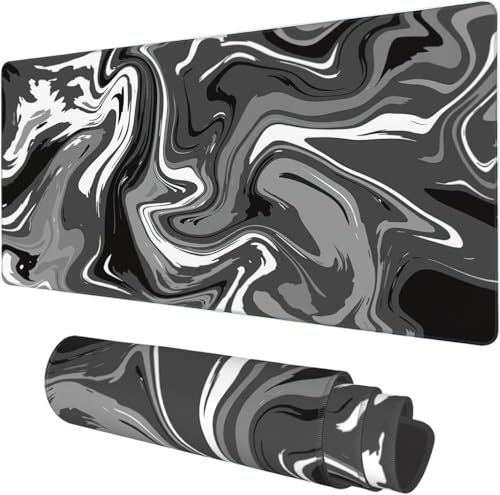 Desk Pad, Abstract Black White Ink Liquid Waves Extended Gaming Mouse Pad Large 600x300x3mm Large Mouse Mat with Non-Slip Base and Stitched Edge Long