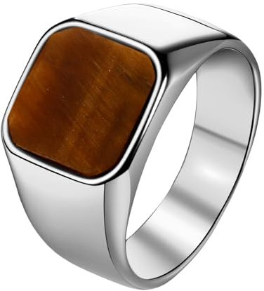 JewelryWe Tigerauge Ring Siegelring für Herren: Silber Edelstahl Herrenring Quadratischer Fingerring mit Braun Tigerauge-Stein Vintage Statement Ring für Hochzeit Geburtstag Jubiläum Größe 70