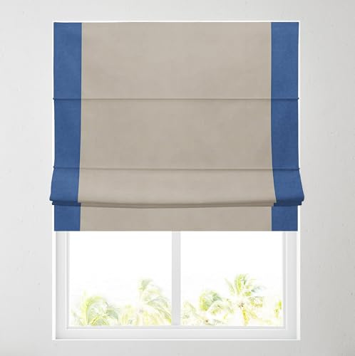 Soft Textured Ara Bordered Roman Blinds - Durable Fittings Easy Fit (Natural/Classic Blue 61cm)