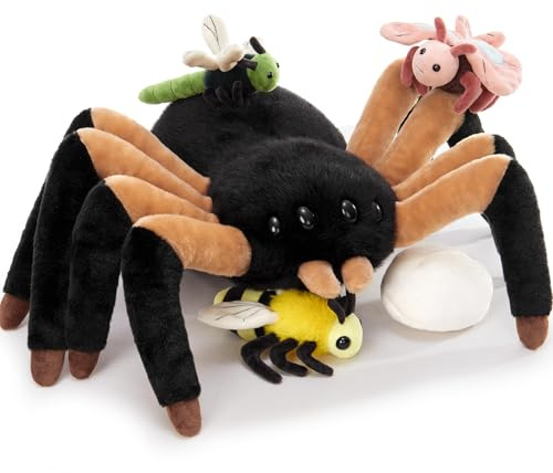 MorisMos 40cm Groß Halloween Spinne Kuscheltier XXL, Schwarz Riesen Spinne Plüschtier mit 4 Baby im Bauch, Stofftier Weich Spielzeug, Großes Plüsch Geschenk für Kinder Geburtstag Weihnachten Deko