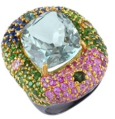 AZURFA Statement-Ring mit schwarzem Rhodium vergoldet, grüner Amethyst, blauer Saphir und Turmalin, facettiert, ausgefallene und runde Edelsteine, Krappenfassung und Lünette, mehrfarbiger Schmuck für
