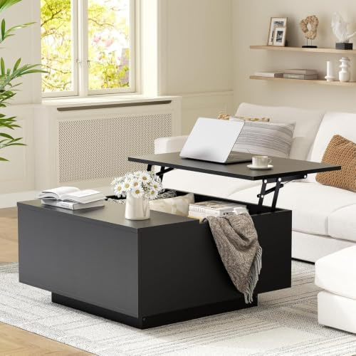 Mossora Black Lift Top Coffee Table with Hidden Storage, 80 * 80 * 40cm | Farmhouse Wood Square Coffee Tables with Storage Compartment, Center Table with Lifting Tabletop for Living Room