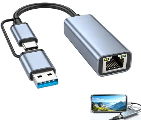 Adattatore Ethernet USB C, adattatore USB RJ45 Ethernet 2 in 1 USB-A e USB-C a RJ45 Gigabit 1000 Mbps, alloggiamento in alluminio con cavo rinforzato, soluzione di rete cablata stabile per computer
