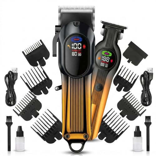 WAIKIL Kabelloses Haarschneidegerät und T-Klingen-Trimmer-Set, professionelles Haarschneide-Set für Männer mit LED-Anzeige, wiederaufladbares Friseur-Pflegeset für Haar und Bart, Gold