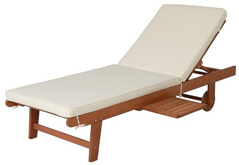 DELUKE Sonnenliege SANO Verstellbar mit Auflage Beige Eukalyptus | Gartenliege mit Rollen Relaxliege Wetterfest