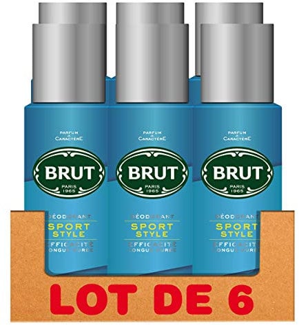 Brut, Déodorant homme spray, Sport Style, Anti traces, Sans sels d'aluminium, Efficacité longue durée, (Lot de 6x200ml)