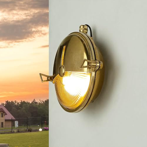 Licht-Erlebnisse Außenleuchte Wand halboffen aus Echt-Messing EU-Produkt IP64 E14 D:18cm rostfrei Schiffslampe Wandlampe Außenlampe Wandleuchte Hauswand Hof Garten