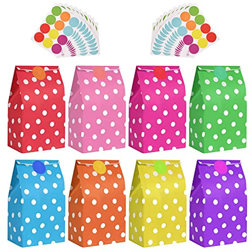 flintronic Paper Bags, 50 Pcs Rainbow Gift and Sweet Bag with 120 Stickers,Dot Pattern Kraft Bags for Kids Party, Celebrations, Baby Shower, Birthday, Halloween, Christmas(8 * 13 * 24cm)