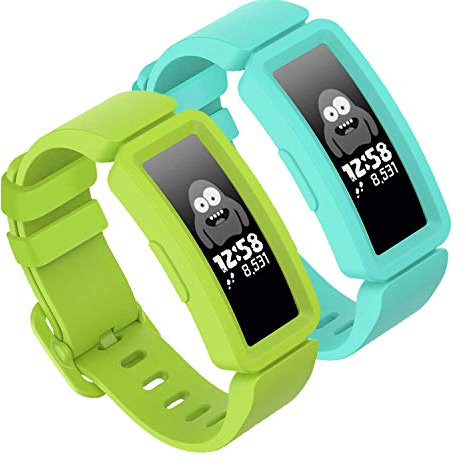 TopPerfekt Armband kompatibel mit Fitbit Ace 2 für Kinder 6, weiches Silikon wasserdicht Armband Zubehör Strap Jungen Mädchen Armbänder Kompatibel für Fitbit Ace 2 (Blaugrün, Limettengrün)