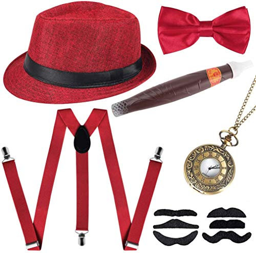 1920er Herren Accessoires Mafia Gatsby Kostüm Rockabilly Set mit Panama Gangster Hut Verstellbarem Hosenträger Krawatte Fliege Retro Taschenuhr Zigarre Bart Rot