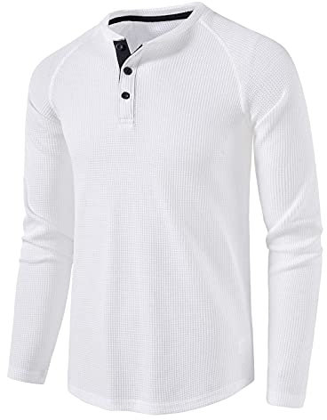 Mens Henley Shirt Long Sleeve Button Collarless Henley Tops Casual Smart Slim Fit Solid Color Waffle Grandad Shirts 3 Buttons Grandad Collar Classic Lightweight Basic Top Plain White XL