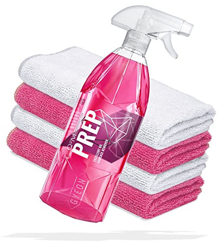detailmate Juego de preparación de pintura para coche Gyeon Q²M Prep Limpiador 1 litro + 2 paños de microfibra premium 320 GSM 40 x 40 cm blanco + 2 paños de microfibra premium 320 GSM 40 x 40 cm rosa