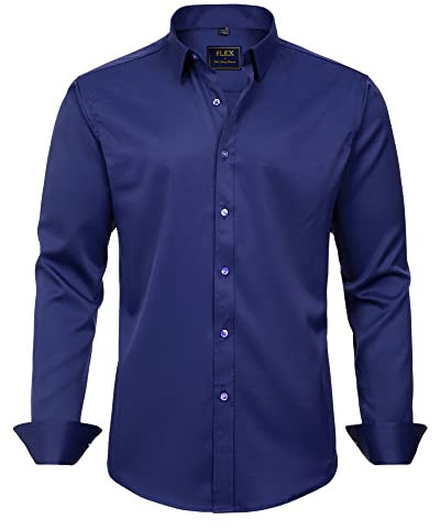J.VER Mens Shirts Long Sleeve Fashion Dress Non Iron Stretch Formal Button Down Shirt for Business Casual Wedding Work Navy Blue L