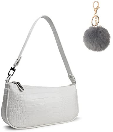 Camilife Handtasche Damen Vintage, Umhängetasche mit Schickem Krokoprägung-Druck, Kleine Umhängetasche Damen,Damen Schultertasche,Frau Vintage Shoulder Mini Bag (Metallreißverschluss-weiß-Haarball)