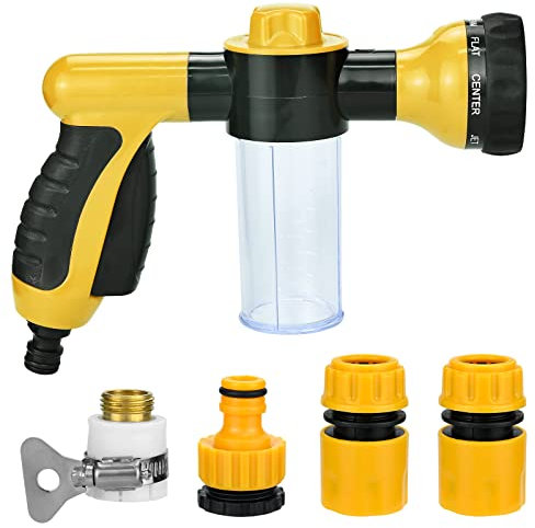 Garden Foam Water Sprayer, 8 Patterens Adjustable Garden Foam Spray Gun with Soap Dispenser, Foam Spray Nozzle for Lawn/Garden Watering Car Washing Plant Watering Pet Bathing Yellow