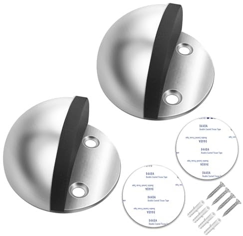 Gudui Stainless Steel & Rubber Floor Door Stop, Modern, No Drilling, Low Profile - Silver, 2 Pack