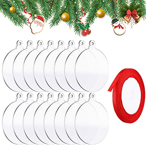 YXHZVON Weinachtsbaumsmuck, 16 Stück Transparente Acrylscheibe Weihnachtskugel mit 1 Stück 22 m Schleifenband Weihnachten(Rot) für Weihnachtsdeko Verzierung Hütten, Kreisform