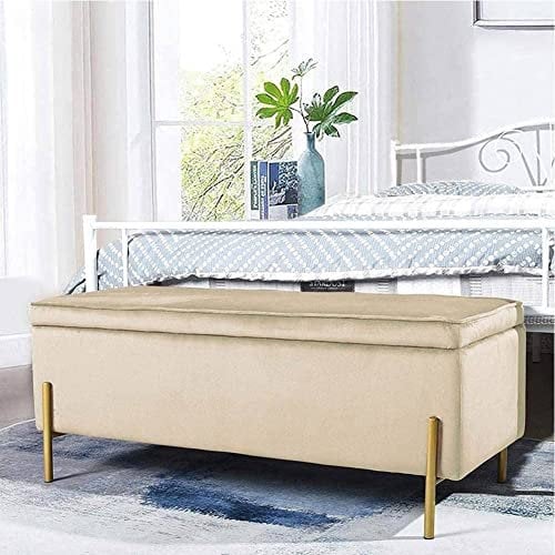 BAKAJI Cassapanca Pouf Contenitore Poggiapiedi Camera da Letto Panca Sgabello Struttura in Legno Rivestimento in Tessuto Velluto Seduta Apribile Imbottita Pidini Dorati (Beige)
